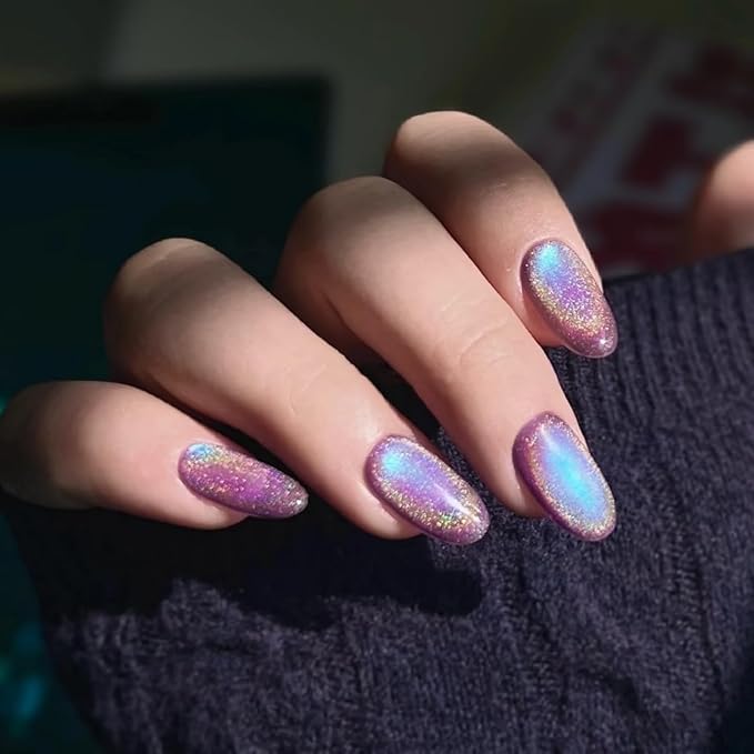 Cat Eye Press on Nails Handmade Short Oval/Square/Round False Nails with French Tip/Aurora/Magnetic Shimmer Designs (Rainbow Purple M)