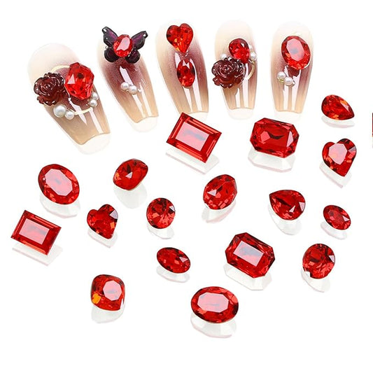 DONGZHOU 72pcs Mix Shape Nail Art Rhinestone,7 Styles Glass Nail Rhinestones Pointback Nail Gems Shiny 3D Nail Charms for Nail DIY Decorations Crafts,Red