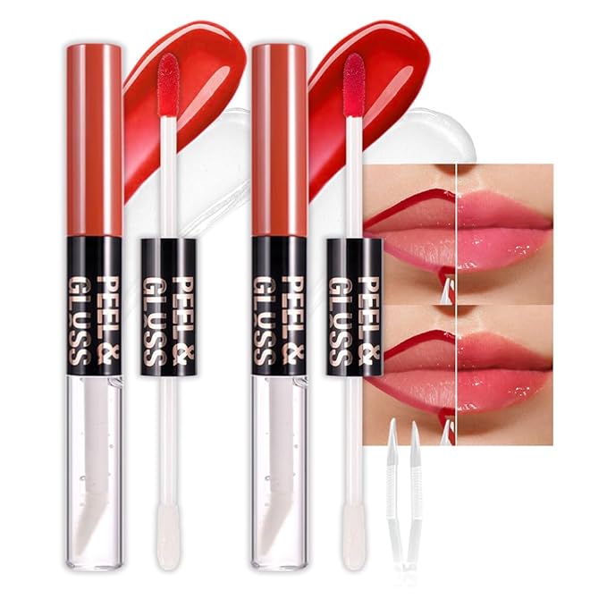 JUAAZIN 2Pcs Liquid Lip Stain Peel Off Lip liner and Lip oil with Tweezer, Dual-Ended Peel Off Lip Stain Tattoo, Highly Pigmented Long Lasting Waterproof, Transfer-proof for All Skin Types, 02#+04#