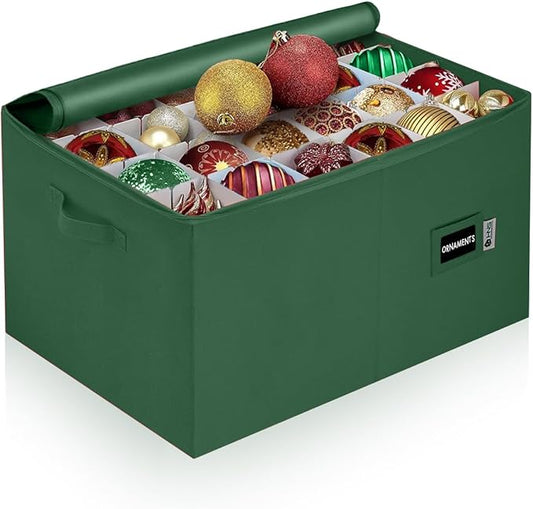 Christmas Ornament Storage Container with Dividers - Box Stores Up to 96 Ornaments, Zippered, Convenient, Adjustable, Large Organizer Bin to Protect Holiday Décor, Fits Most Standard Size, Green