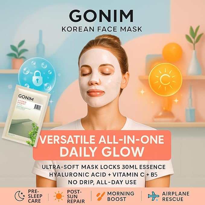 GONIM Face Mask Korean Skin Care with Hyaluronic Acid Serum & Collagen Activation, Face Masks Skincare with Vitamin C, Moisturizing Sheet Mask for All Skin, Korean Face Mask Travel Essentials 5 Sheets