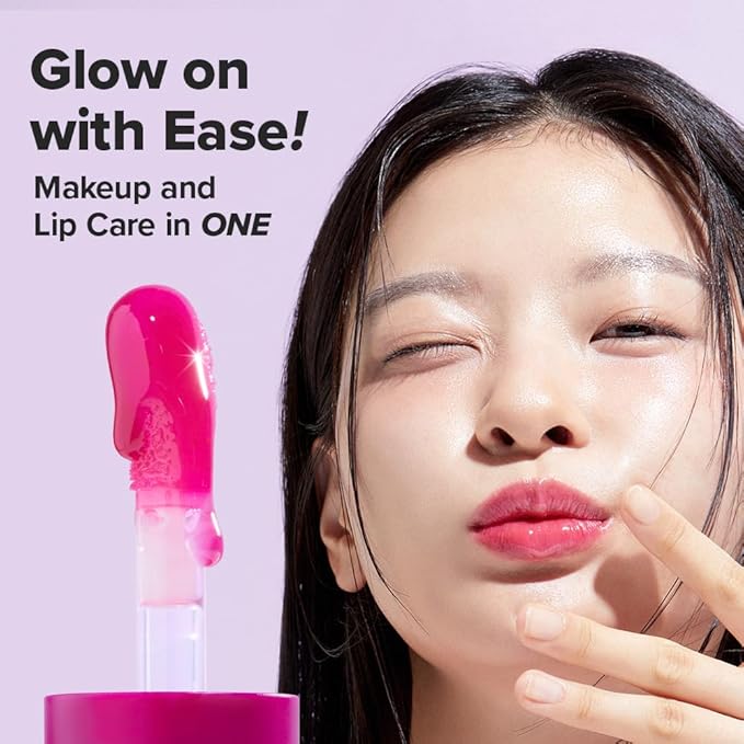 I DEW CARE Lip Gloss - Glow Easy Pomegranate | Jojoba Seed Oil, Vitamin C, Pigmented Glossy Stain, Hydrating, Korean Makeup, Pink Color, Moisturizing, Nourishing Crystal, 0.20 FL Oz