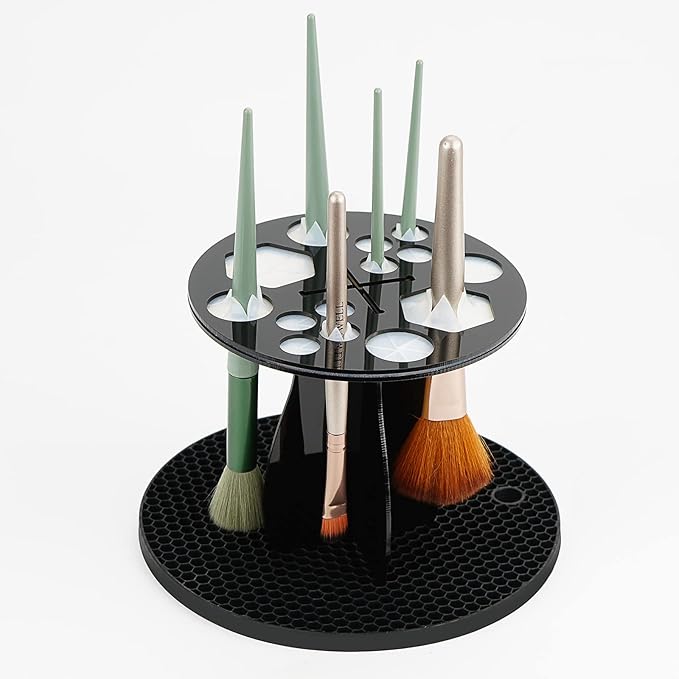 14 Hole Makeup Brush Drying Rack with Mat, Detachable Acrylic Makeup Brush Holder, Air Tree Tower Stand Organizer Tray (Black)
