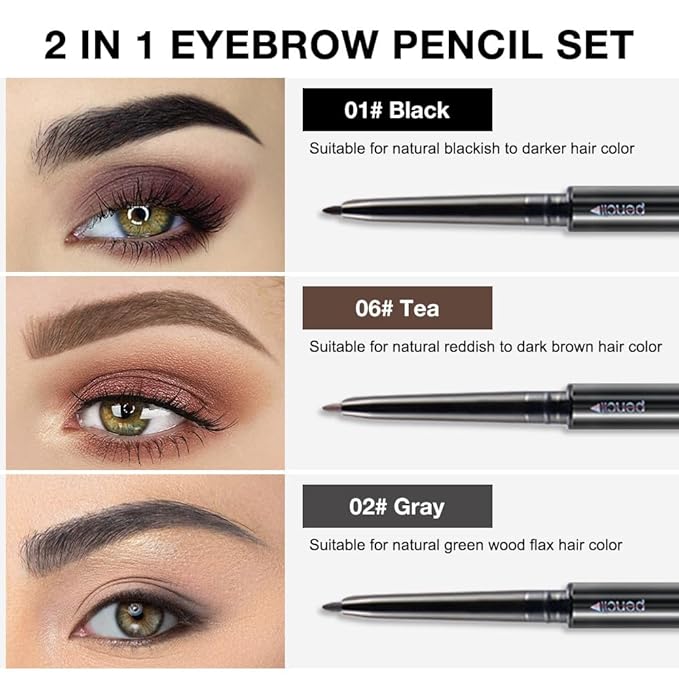 5 Pcs Dual-Sided Auto-rotate Ultra-Fine Tip Eye Brow Pencils Pack,Draws Tiny Precise Brow Makeup, Defines, Fills Brows, Shapes, Contours, Combs, ‌1mm Pen Point (Black+3*Light Brown+Gray)