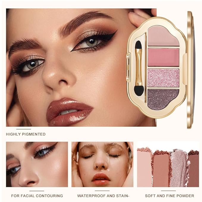 Nude Eyeshadow Palette 4 Colors, smoke pink rose Matte & Shimmer Neutral Shades, Highly Pigmented Blendable Long-Lasting Powder, Smooth No-Fallout Daily Eye Makeup Palette and Natural Looks l-B04