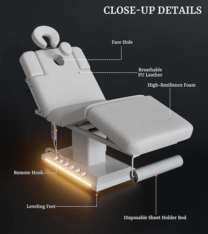 Icoget Professional Full Electric Spa Massage Treatment Table, Medical Bed with Independent Leg Adjustment, Facial Bed with Face Cradle for Beauty, White
