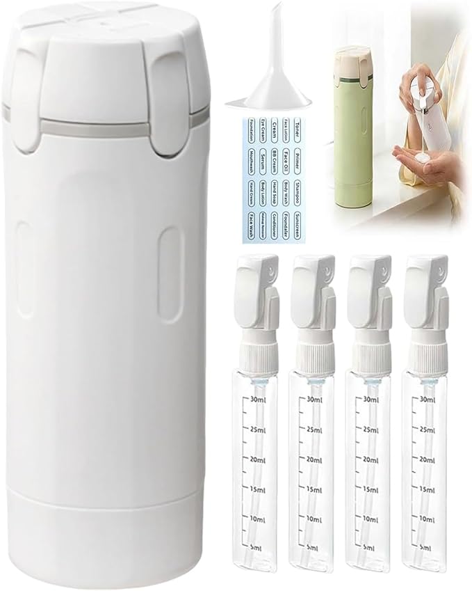 4 in 1 Travel Dispenser, Portable Leak Proof Refillable Squeeze Bottles with Label, 4 Pack 30ml Travel Size Bottle Set for Shampoo Lotion Conditioner Cream, Toiletry Storage Containers Gift (White)
