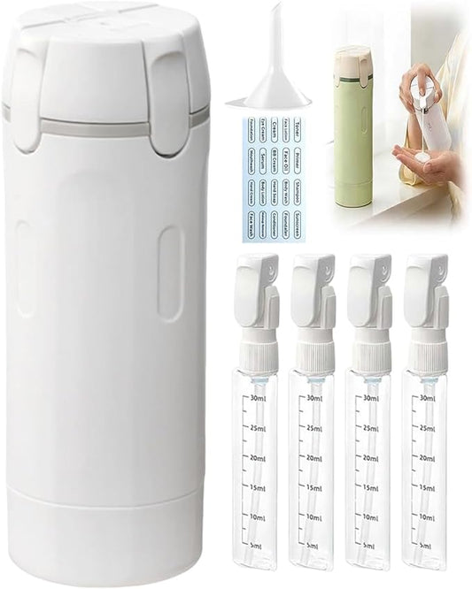 4 in 1 Travel Dispenser, Portable Leak Proof Refillable Squeeze Bottles with Label, 4 Pack 30ml Travel Size Bottle Set for Shampoo Lotion Conditioner Cream, Toiletry Storage Containers Gift (White)