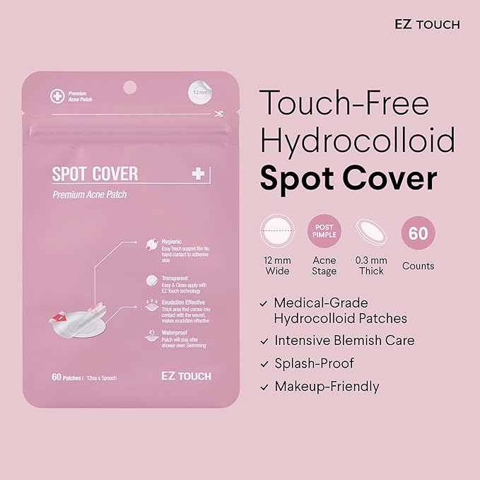EZ Touch Touch-free Hydrocolloid Acne Pimple Patch(60 count, 12mm, Fast0Healing) | Last 48 hr | Patented Korean Spot Cover