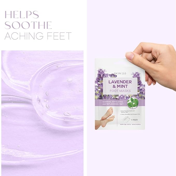 Skin 2.0 Lavender & Mint Foot Masks - Relieves Swollen Feet, Removes Odor, Relaxing & Hydrating - Dermatologist Tested Korean Skincare - Clean Beauty, Cruelty-Free, All Skin Types - 3 Pairs