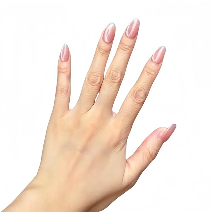 Cat Eye Press on Nails Handmade Short Oval/Square/Round False Nails with French Tip/Aurora/Magnetic Shimmer Designs (Side#Oval Pink Crystal M)