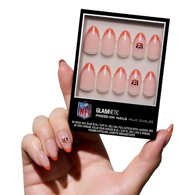 Glamnetic x Fanatics Press On Nails - Cincinnati Bengals | Short Almond Fake Nails, NFL Bengals Orange French Tips, Football Nails, Salon-Quality | 15 Sizes - 30 Nail Kit with Glue