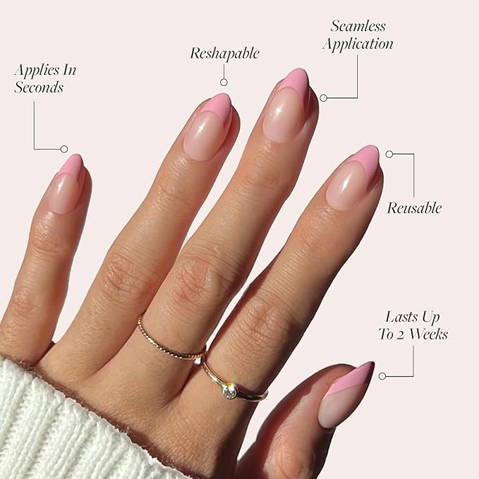 Glamnetic Press On Nails - Pink Macaron | Semi-Transparent Light Pink Pastel French Tip Short Almond Fake Nails in a Glossy Finish, Salon Quality | 15 Sizes - 30 Nail Kit