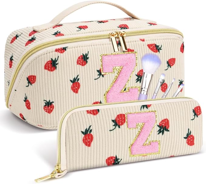 Personalized Travel Makeup Bag Set,Initial Travel Strawberry Makeup Organizer Bag,Toiletry Skincare Cosmetic Bag, Valentine's Day Gifts for Women/Girls/Teen,Open Flat Toiletry Pouch with Brush Bag