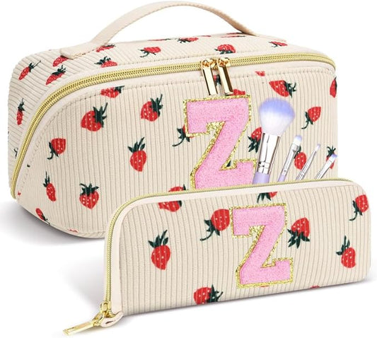 Personalized Travel Makeup Bag Set,Initial Travel Strawberry Makeup Organizer Bag,Toiletry Skincare Cosmetic Bag, Valentine's Day Gifts for Women/Girls/Teen,Open Flat Toiletry Pouch with Brush Bag