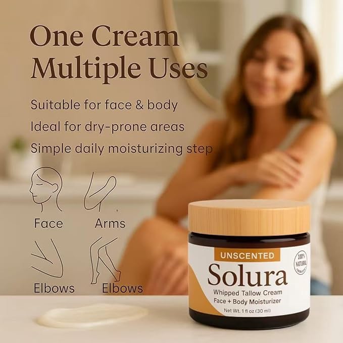 Solura Whipped Tallow Cream, with 100% Grass-Fed Organic Beef Tallow, Jojoba Oil & Vitamin E Oil for Face & Body, Pure Natural Moisturizing Cream, Deeply Moisturizes Dry Skin, Unscented - 30 ml (1)
