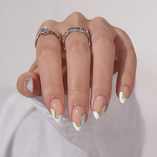 BTArtbox Press On Nails Almond - Designed White French Tip Press On Nails Short with Gold Foil, Glue On Nails for Winter Day Gifts, Stick On Nails in 16 Sizes - 30 Nail Kit, Tiny Gloden