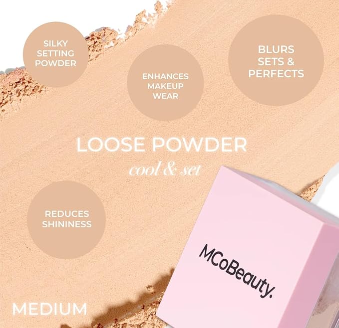 MCoBeauty - Loose Powder Cool & Set - Natural Medium Shade - Finely Milled Water-Based Setting Powder with Hyaluronic Acid, Glycerin & Vitamin E - Vegan, Cruelty Free Cosmetics - Face Makeup