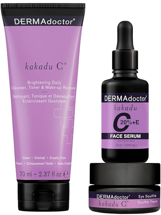 DERMAdoctor 20% Vitamin C Face Serum 0.5 fl oz Cleanser 2.37 fl oz with Caffeine Eye Cream Vitamin E & Ferulic Acid | Kakadu C Anti Aging, Hydrating & Discoloration Correcting Serum