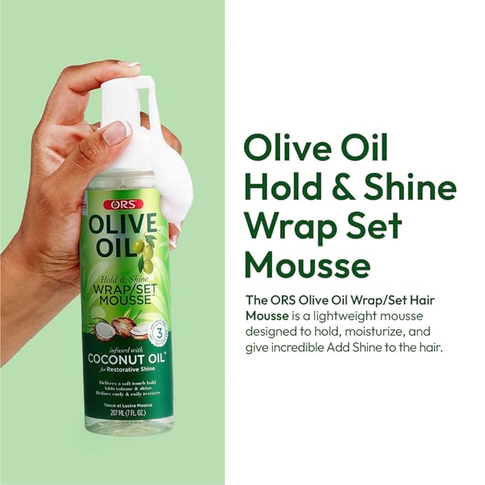 ORS Olive Oil Hold & Shine Wrap Set Mousse Infused with Coconut Oil for Restorative Shine 7 Ounce