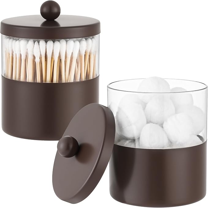 Gaussra Bronze Qtip Holder, Bathroom Jar - Stainless Steel Apothecary Jars with Stickers - Farmhouse Decor Qtip Dispenser for Qtips, Cotton Balls, Swabs, Makeup Sponges (2-Pack)