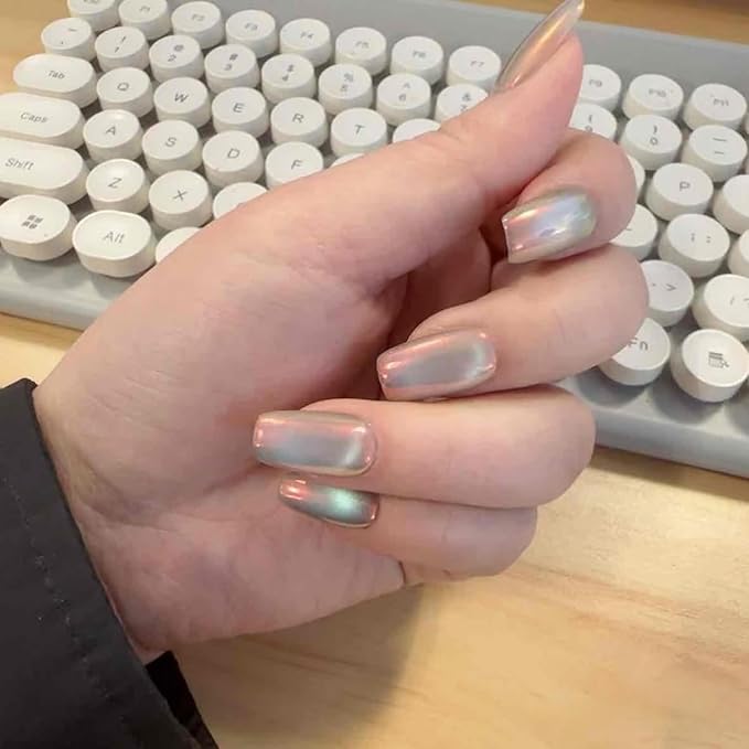 Cat Eye Press on Nails Handmade Short Oval/Square/Round False Nails with French Tip/Aurora/Magnetic Shimmer Designs (Aurora#Sunset River M)