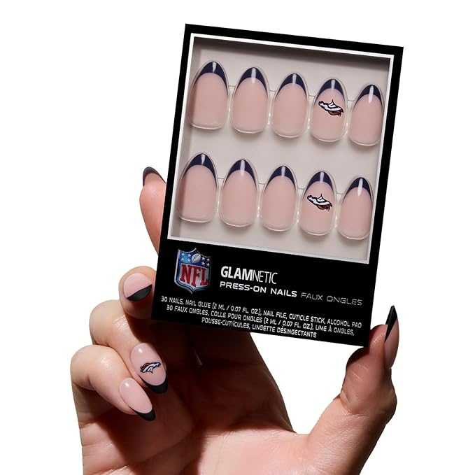 Glamnetic x Fanatics Press On Nails - Denver Broncos | Short Almond Fake Nails, NFL Broncos Blue French Tips, Football Nails, Salon-Quality | 15 Sizes - 30 Nail Kit with Glue