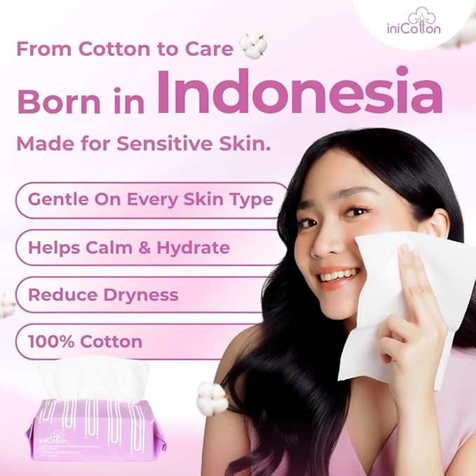 iniCotton Face Towels, Indonesian Unscented Cotton Tissues for Sensitive Skin, Disposable Face Towelette, Ultra Soft, Makeup Remover Dry Wipes, Travel Size, 90 ct per Pack, 6 Packs, 540 Ct Total