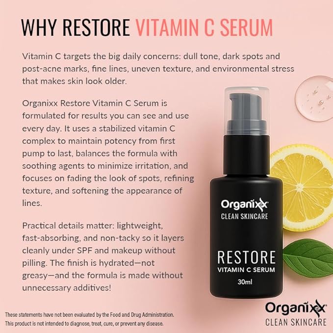 Organixx Restore Vitamin C Serum, Daily Face Serum With Hyaluronic Acid, Organic Vitamin E, Witch Hazel, Glycerin, & Aloe Vera, Brightening Formula, Gentle on Sensitive Skin, Vegan Skin Care, 1 FL Oz