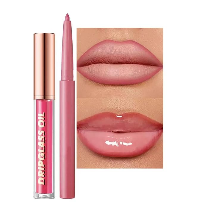 Hyesamyo Pink Lip Gloss Lip Liner Set, Lip kit with Lip Oil Lip Liner, Pluming Lipgloss lip liner Pencil Waterproof Long Lasting Smudgeproof (09# pink)