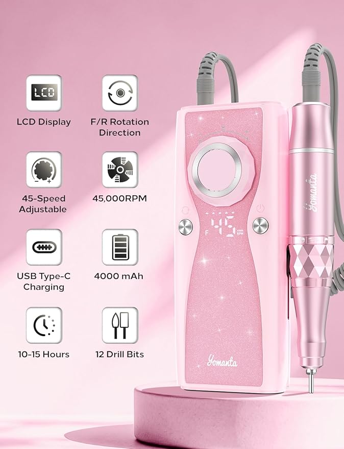 Electric Nail Drill Professional Kit: 45,000 RPM USB Rechargeable Efile Nail Drill Nail File with 12 Bits for Polishing Gel/Acrylic Nails- Portable Manicure Tool Set for Salon/Home-Pink