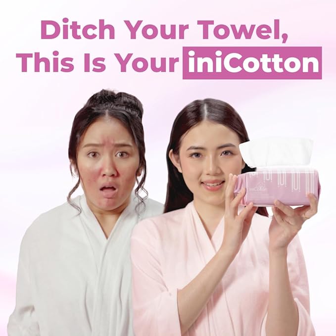 iniCotton Face Towels, Indonesian Unscented Cotton Tissues for Sensitive Skin, Disposable Face Towelette, Ultra Soft, Makeup Remover Dry Wipes, Travel Size, 90 ct per Pack, 6 Packs, 540 Ct Total
