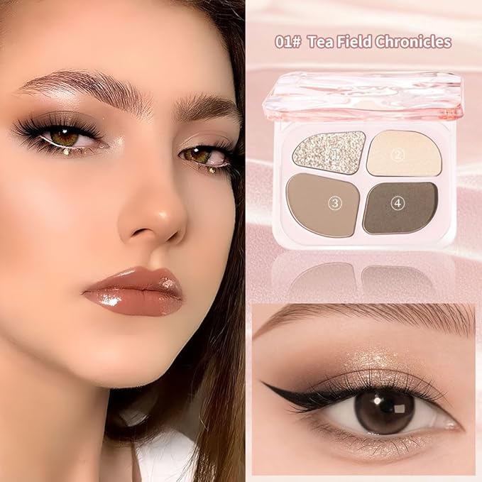 Neutral Mini Eyeshadow Makeup Palette – 4-Color Taupe & Ash Brown Matte Shades with Champagne Silver Glitter, High Pigment Long-Lasting Blendable Cool Tone Eye Shadow for Daily Natural Soft Glam Looks