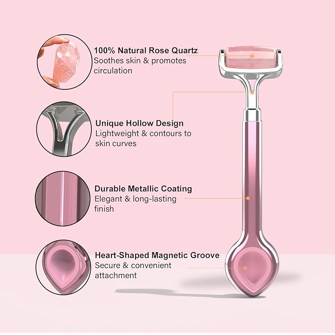 Natural Rose Quartz Facial Roller Set – Skincare Tools Kit with Gua Sha, Derma Roller & Exfoliating Wand – Cooling Face Massage for Refreshed Skin – Luxury Gift Box for Women