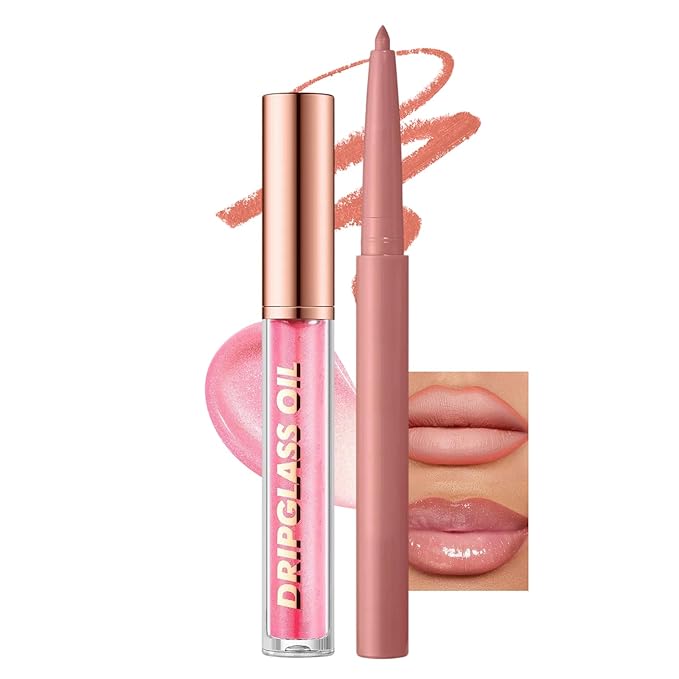 Jutqut Pink Lip Liner and Gloss Lip Kit, Waterproof Long-Lasting Combo Set with Matte Lip Liner Pencil and Non-Sticky Pluming Tinted Gloss, Highly Pigmented Lipliner Set for Women (01 Light Pink)