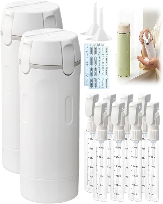 4 in 1 Travel Dispenser, Portable Leak Proof Refillable Squeeze Bottles with Label, 4 Pack 30ml Travel Size Bottle Set for Shampoo Lotion Conditioner Cream, Toiletry Storage Containers Gift (2White)