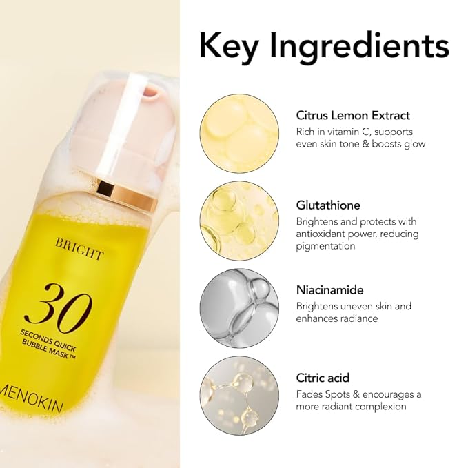 MENOKIN 30 Seconds Quick Bubble Mask [BRIGHT] - [Vitamin C] [Glutathione & Niacinamide] in Micro-bubbles for Dark Spots, Uneven Skin Tone, Korean Skin Care Essential, 70 Uses, 3.21 fl.oz