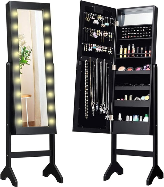 Giantex Standing Jewelry Armoire with 18 LED Lights Around the Door, Large Storage Mirrored Jewelry Cabinet with Full Length Mirror, 16 Lipstick Holders, 1 Inside Makeup Mirror (Black)