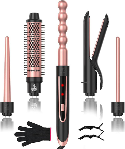 5 in 1 Curling Wand Set, Curling Iron with Curling Brush,Hair Straightener & 3 Interchangeable Ceramic Curling Wand(0.35"-1"), Fast Heat Hair Wand Curler, Include Glove & 2 Clips for Women Girls Gift
