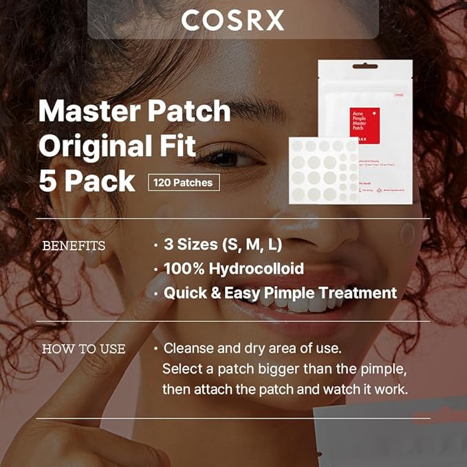 COSRX Acne Pimple Patch Absorbing Hydrocolloid Original 3 Size Patches for Zits Cover, Spot Stickers for Face and Body, Not Tested on Animals, No Toxic Ingredients (120 Count (Pack of 5))