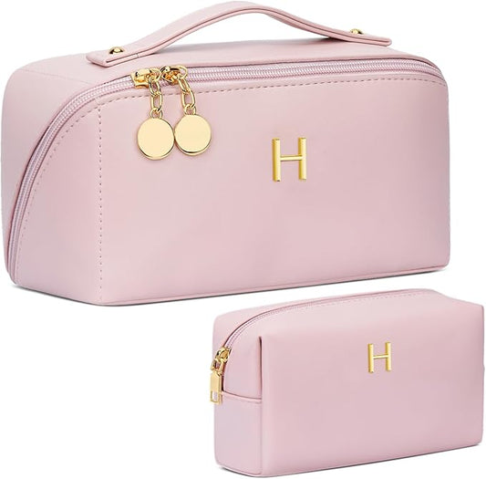 Birthday Gifts for Women Teen Girl, Personalized Initial Makeup Organizer Bag Set, Open Flat Travel Cosmetic Bag With Clear Divider and Handle(Pink,H)