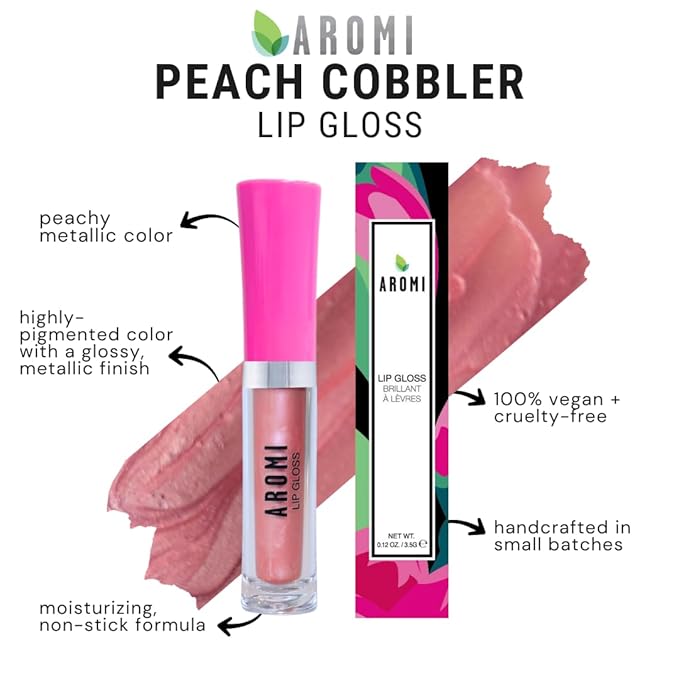 Aromi Peachy Nude Lip Gloss | Beige Metallic Lip Oil for Women, Moisturizing Glossy Finish, Plumping, Shimmery (Peach Cobbler)