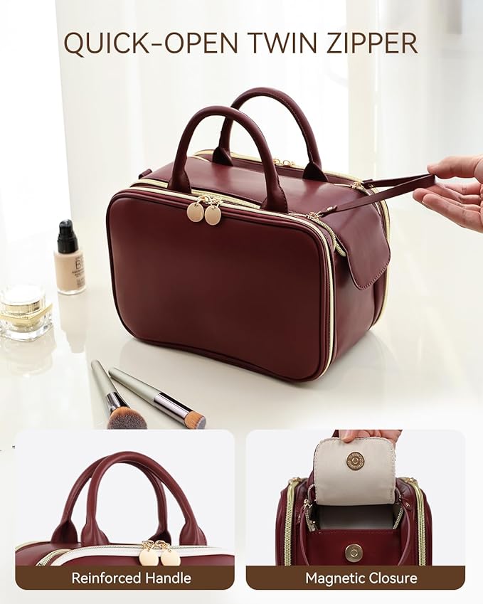 Prite Travel Makeup Bag Women’s Large Capacity Waterproof Cosmetic Organizer Portable Open Flat Toiletry Case with Free-standing Brush Holder and Handle(Burgundy Large)