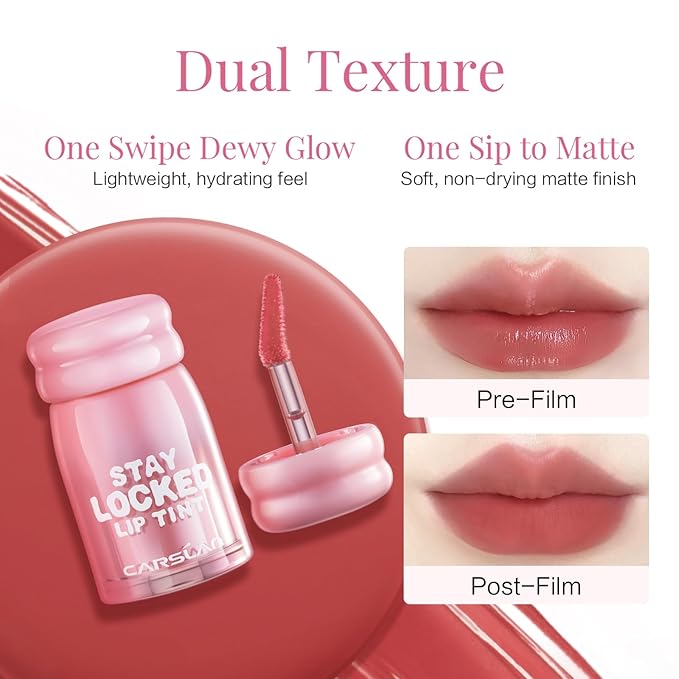 CARSLAN Stay Locked Lip Tint, Quick-Dry Long Lasting Transfer Proof Matte Lip Stain, Moisturizing Glow-Boosting Lightweight Lipstick (01)