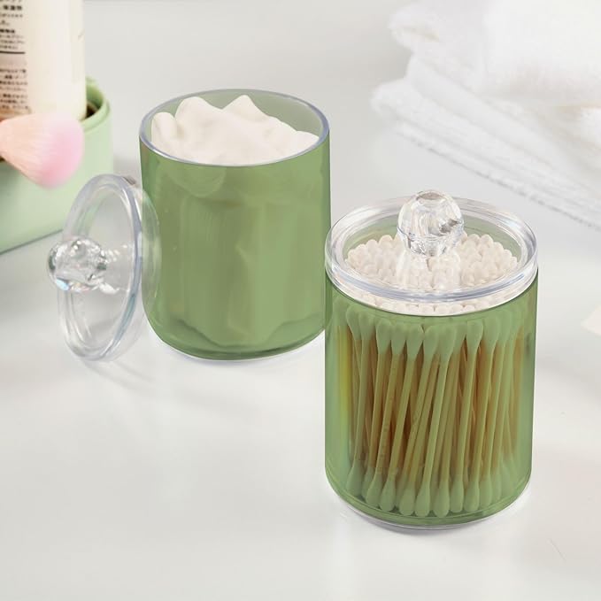 Xigua Light Green 2 Pack Qtip Holder Dispenser With Lid, Apothecary Jars Plastic Swabs Cans Clear Bathroom Storage Canister for Cotton Ball, Swab, Round Pads, Floss26