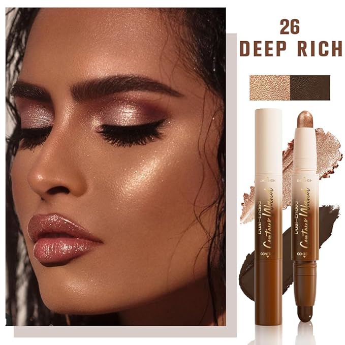 evpct Black Cocoa &Bronzer Shimmer Cream Foundation Stick Face Body Makeup Dual Ended, no Transfer Waterproof 2in1 Cream Concealer Stick Contouring Makeup, Nose Contour Bronzer Sticks Face Highlighter