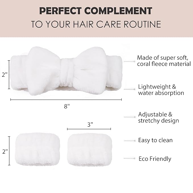 Ayesha White Spa Headband and Wristband Set for Skincare Makeup Headband Wrist Cuffs for Washing Face Bubble Skincare Hairband for Women Girls (White set)