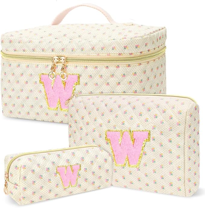 3 PCS Travel Makeup Bag Set, A–Z Initials Cotton Quilted Cosmetic Bag for Women & Preppy, Personalized Toiletry Bag Travel Accessories Makeup Brushes Organizer, Valentine’s Day & Birthday Gift for Her