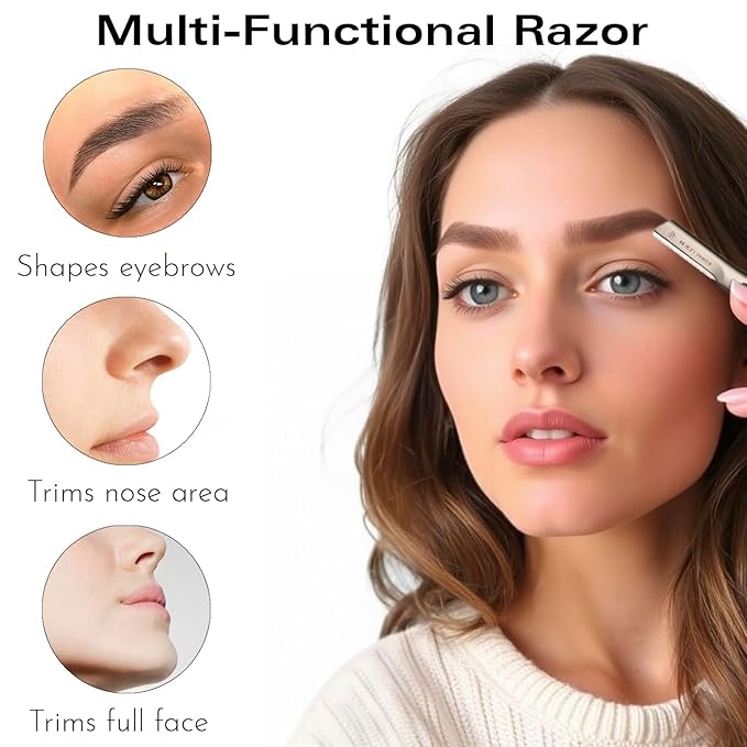 Beauty Power Eyebrow Razor with 6 Blades & Travel Case – Face Razors for Women & Men, Eyebrow Trimmer Shaper with Precision Cover, Facial Shaver & Dermaplaning Tool for Smooth Skin (Silver)