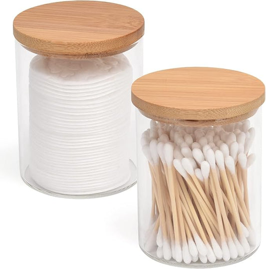 BKYFPQ 2 Pack Glass Qtip Holder Dispenser Set - Apothecary Jars with Lids - Vanity Makeup Organizer and Bathroom Canister Storage Organizer for Cotton Ball, Swab, Round Pads,Floss